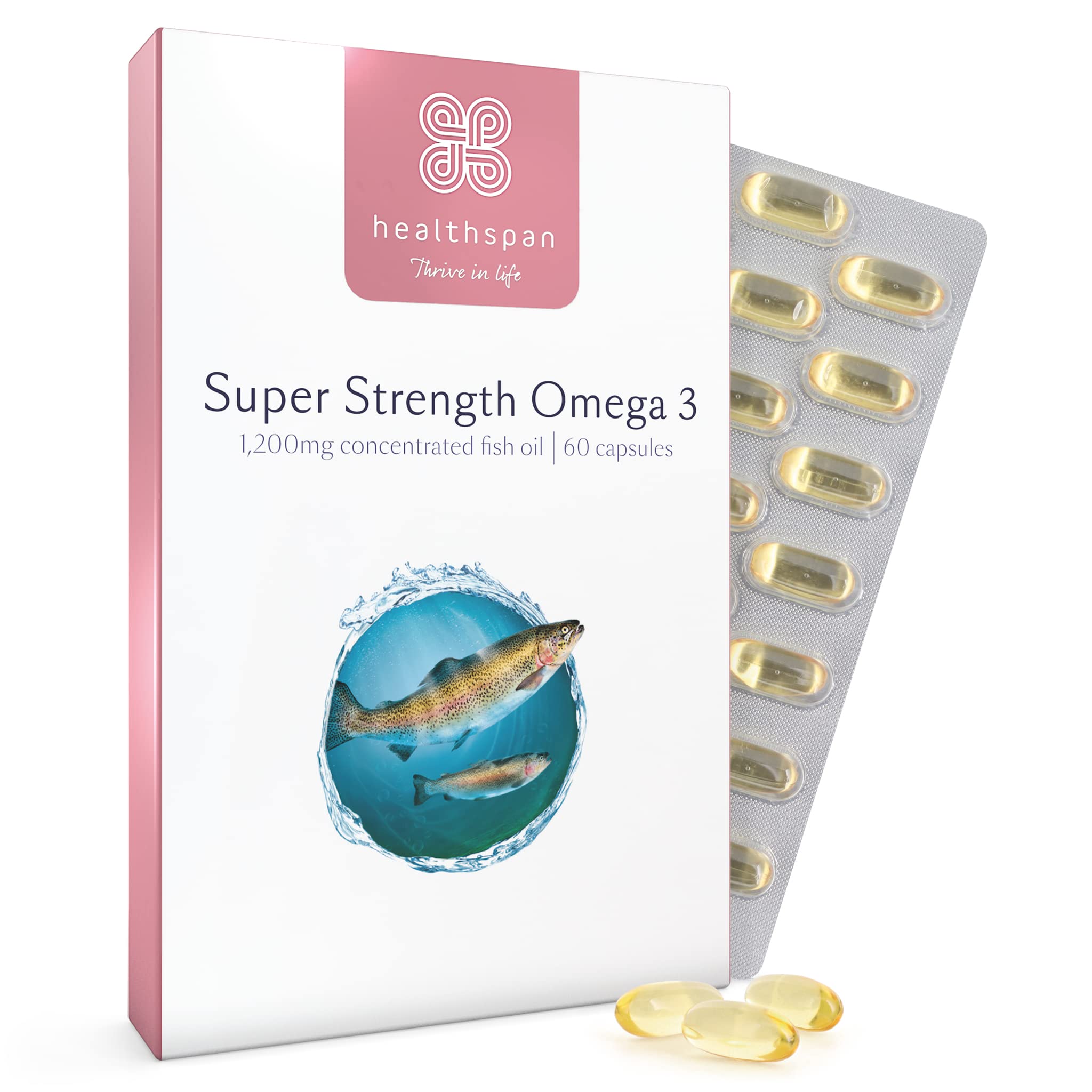 Healthspan Super Strength Omega 3 1,200mg | Brain, Heart & Eye Health | 240mg DHA & 360mg EPA per Capsule| Highly Purified to Remove Toxins | Sustainably Sourced Fish Oil (60 Capsules)