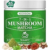 Mushroom Matcha, Adaptogenic Mushroom Blend with 7 Superfood Mushrooms and Ceremonial-Grade Matcha for Energy, Focus, Digestion, Immunity with Turkey Tail, Shiitake, Lion's Mane, 45 servings