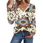 Western Cowgirl Shirts for Women Aztec Long Sleeve Shirt Boho Cow Graphic Tees Country Concert V Neck Loose Fit Tops