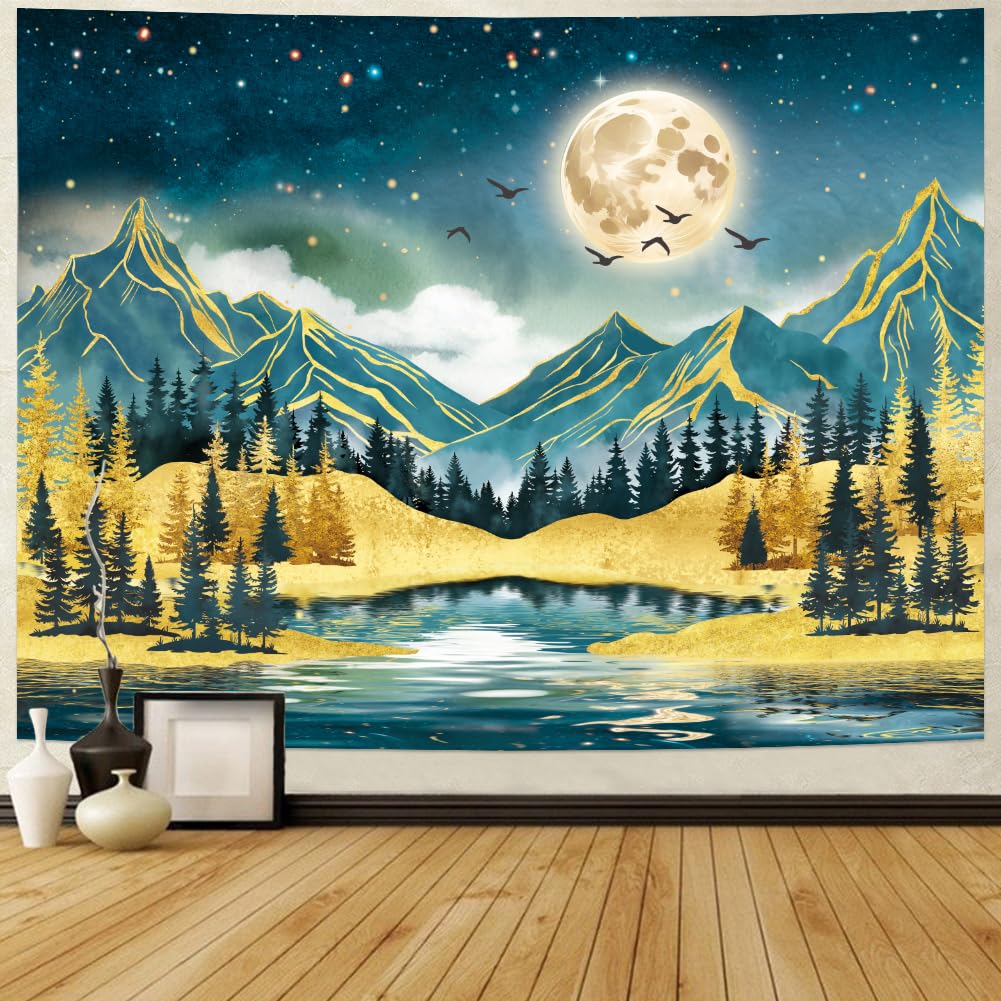 Photo 1 of Maccyafst Watercolor Mountain Tapestry Starry Moon Night Tapestries Forest Trees Wall Tapestry Aesthetic Nature Landscape Wall Hanging Navy Blue Woodland Lake Wall Decor for Bedroom