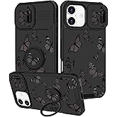 Funermei for iPhone 16 Plus Case - Women Girls Cute Phone Cover Girly Pretty Aesthetic Black Butterfly Unique Design with Camera Cover and Ring Stand Funda for Apple 16 Plus