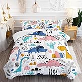 XYNHML Cartoon Dinosaur Rainbow Comforter Set Twin 3Pc Kawaii Dinosaur Bedding Set All Season with Cactus, Coconut Tree Decoration Includes 1 Comforter, 2 Pillowcases for Kids Girls Teens