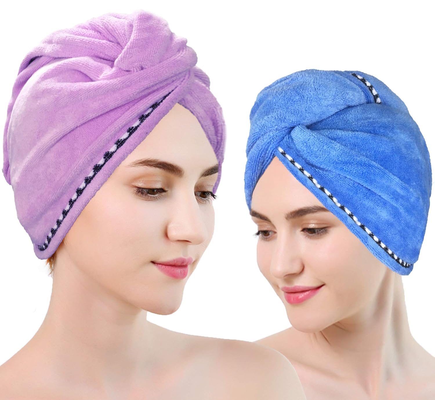 Microfiber Hair Towel Wrap 2 Pack,Drying Bath Shower Head Turban with Buttons, Super Absorbent Quick Dry Hair Towel, Wrapped Bath Cap (Purple+Blue)