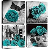 Teal Rose Flower Wall Art Turquoise Wall Decor Bathroom Accessories Valentines Gifts, Black and Gray Flowers Pictures Bedroom Canvas Prints Vintage Bouquet Paintings Artwork Home Decorations 12x12” 4P