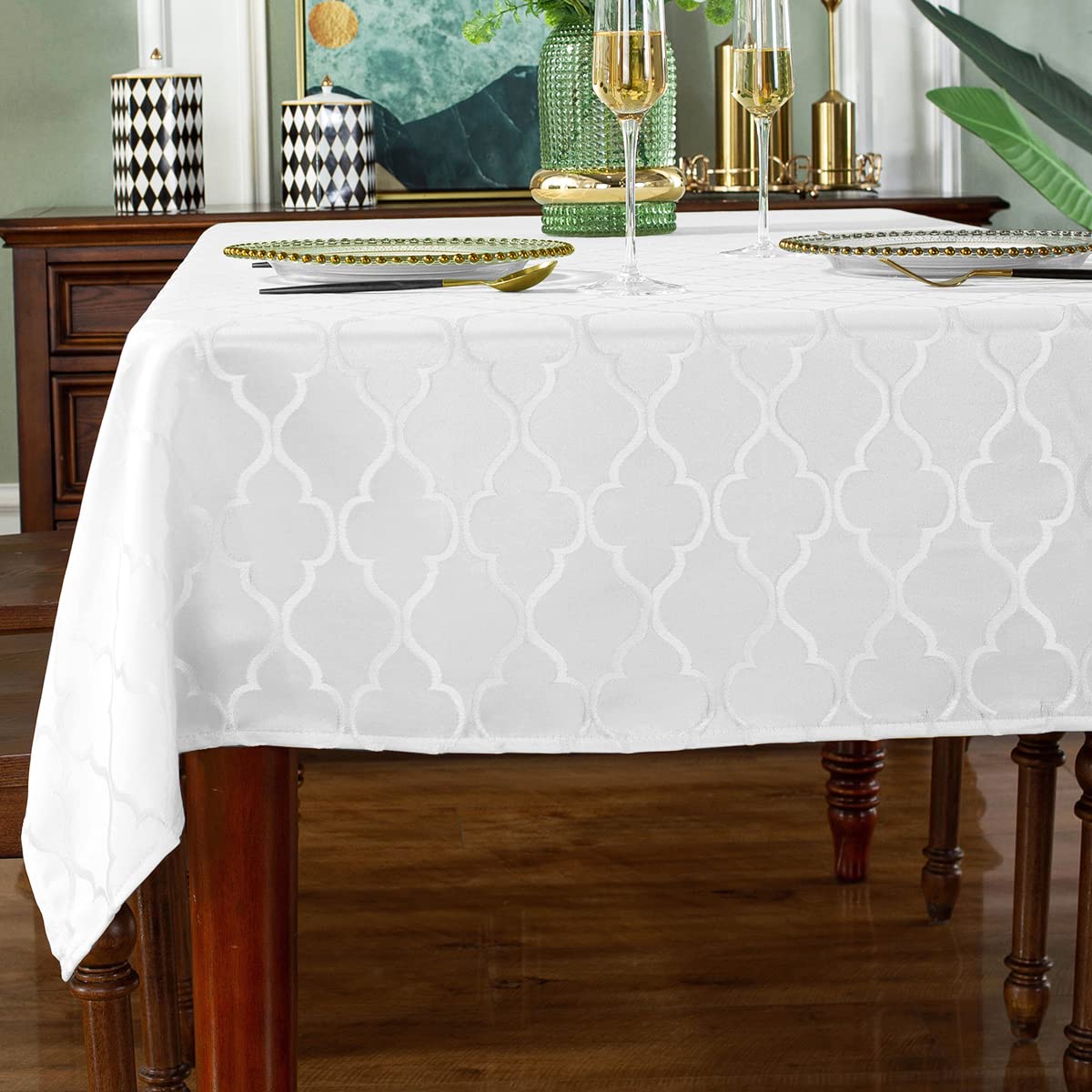 SASTYBALE Jacquard Tablecloth Flower Pattern Polyester Table Cloth Spill Proof Dust-Proof Wrinkle Resistant Table Cover for Kitchen Dining Tabletop (White, Rectangle/Oblong, 132 x 182 CM (4-6 Seats))