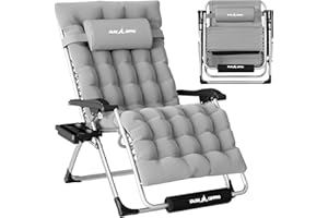 Amopatio Outdoor Zero Padded Gravity Chair 25" Seat Width, XXL Camping Lounge Chairs w/Cushion, Folding Reclining Patio Chair for Outside Deck, Yard, Porch, Pool, Light Grey
