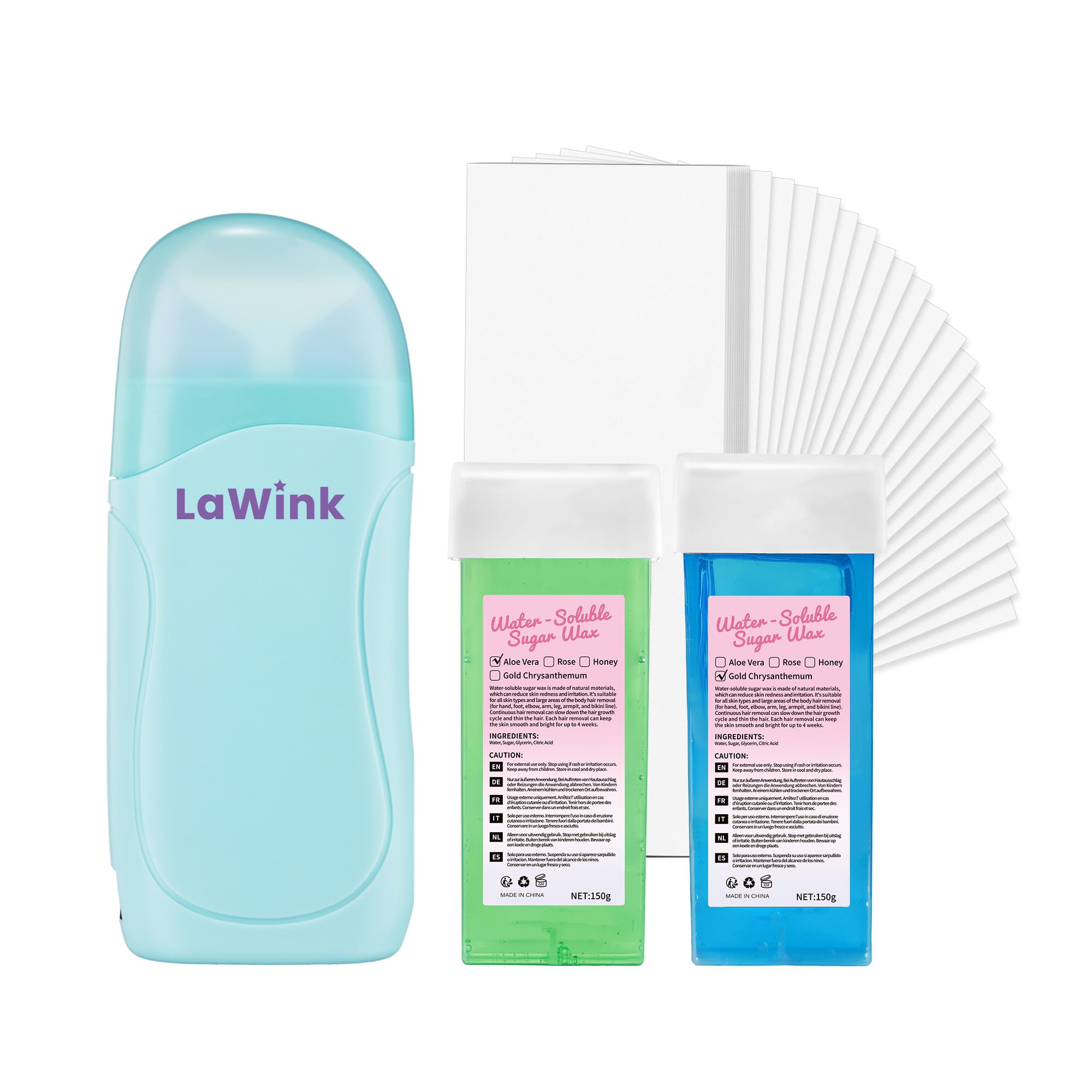 Roll On Wax, Hair Removal Waxing Kit, Aloe& Gold Chrysanthemum Wax Cartridges, Roller Wax Warmer for Hair Removal, Depilatory Roll On Wax Heater, with 100PCS Strips 2 Water-Soluble Wax refills