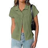 Cicy Bell Womens Short Sleeve Button Down Shirts Pleated Slim Fit Summer Dressy Casual Blouses