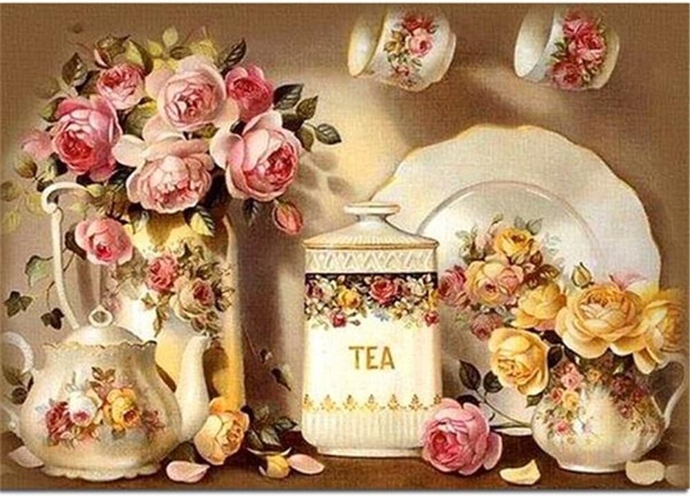 Aphila Diamond Painting Kits for Adults Round Drills Full Resin Rhinestones Embroidery Cross Stitch Decor Gift Kitchen Tea Cup Rose 30x40cm/12