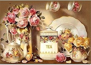 Aphila Diamond Painting Kits for Adults Round Drills Full Resin Rhinestones Embroidery Cross Stitch Decor Gift Kitchen Tea Cup Rose 30x40cm/12