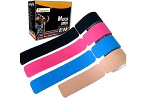 NELLHOMY Kinesiology Tape<4-Rolls>, Original Cotton Elastic Premium Athletic Tape,Hypoallergenic & Waterproof K Tape for Muscle Pain Relief and Joint Support, for Any Activity, 100 Precut Strips in Total