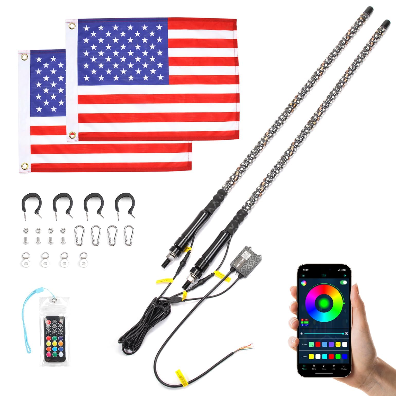 Photo 1 of KEMIMOTO 2pc 4ft Bluetooth LED Whip Lights for UTV, Turning Signal Function Compatible with Polaris RZR Can-Am Maverick X3, App & RF Remote Control LED Light Whip for SXS ATV Buggy Boat Offroad