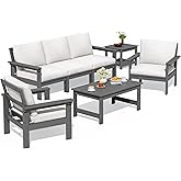 SERWALL HDPE Outdoor Patio Furniture Set Outdoor Couch | All Weather Outdoor Sectional with Coffee Table &amp; Side Table, Gray Frame &amp; Khaki Cushions