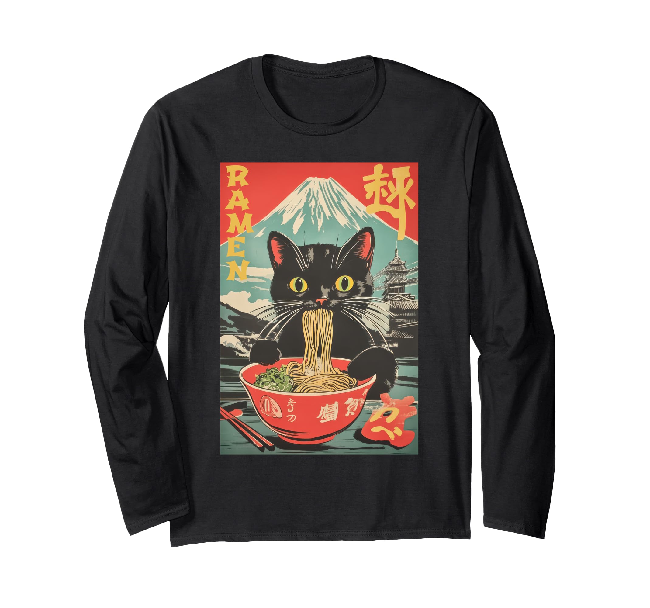 Vintage Funny Cat Ramen Anime Cat Japanese Graphic Long Sleeve T-Shirt ...