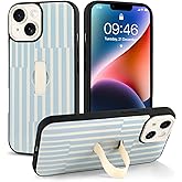 Jefonha Compatible with iPhone 14 Case with Finger Hand Strap Kickstand, Trendy Cool Striped Phone Case for Women Men, Full Camera Protection Shockproof Protective Cover, White and Blue Stripes