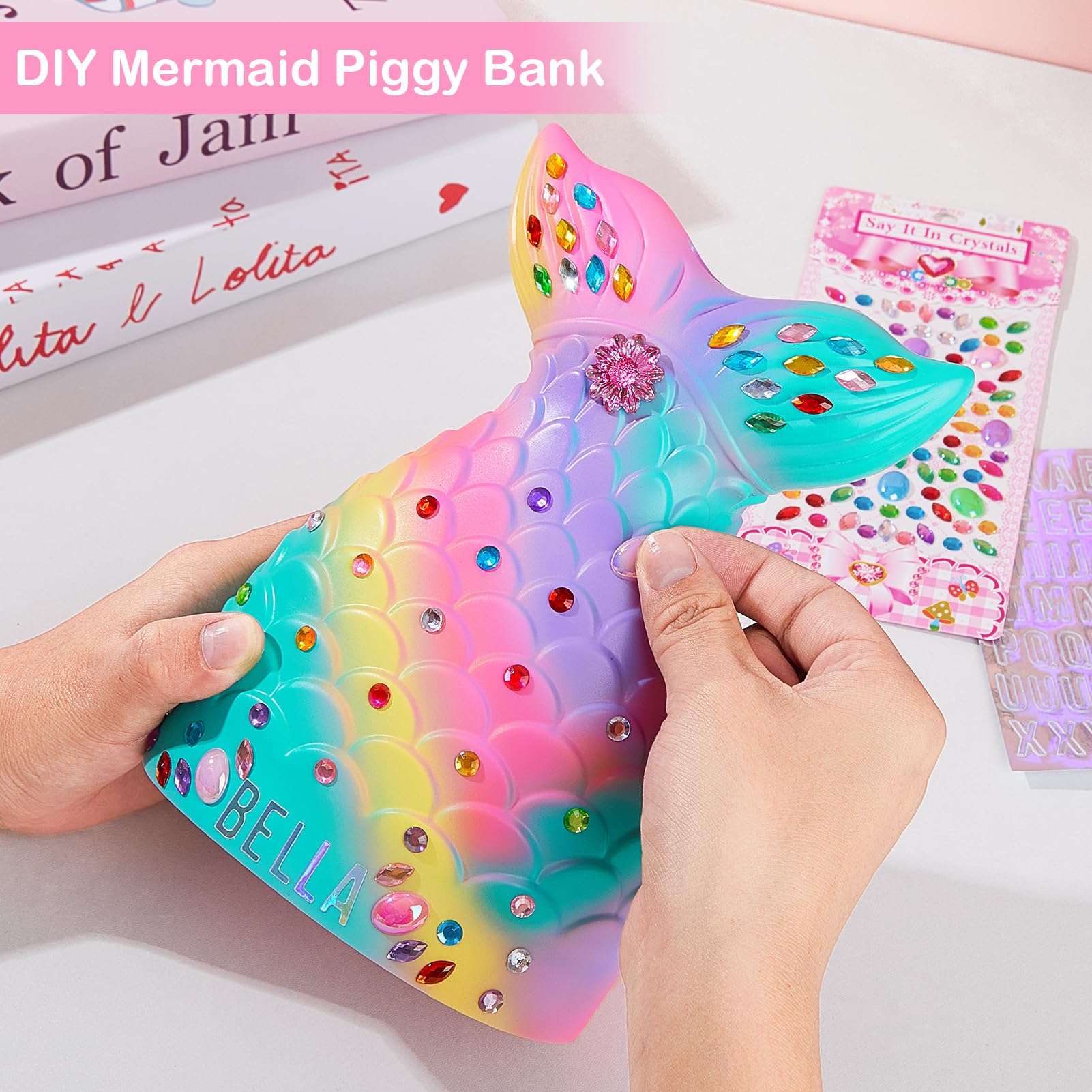MHJY Piggy Bank Unbreakable Coin Bank Mermaid Money Bank with DIY Stickers Home Decor Birthday Easter, Rainbow