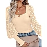 LYANER Women's Square Neck Blouse Sheer Mesh Lantern Sleeve Polka Dot Knit Business Casual Tops Shirts