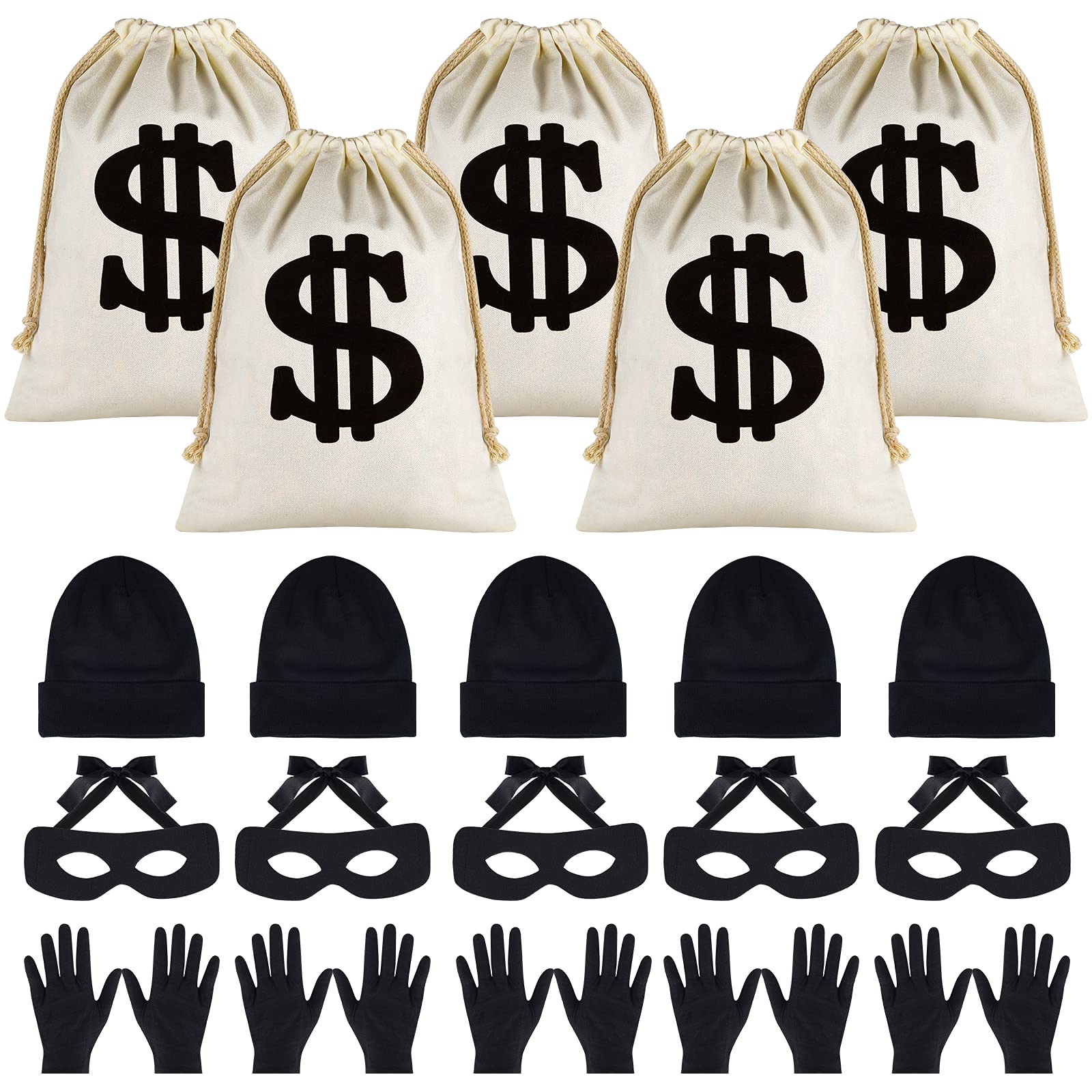 MIAHART 20 Pieces Robber Costume Set, Include Eye Mask Knit Beanie Cap Canvas Dollar Sign Money Bags Bandit for Halloween Cosplay Burglar Theme Party