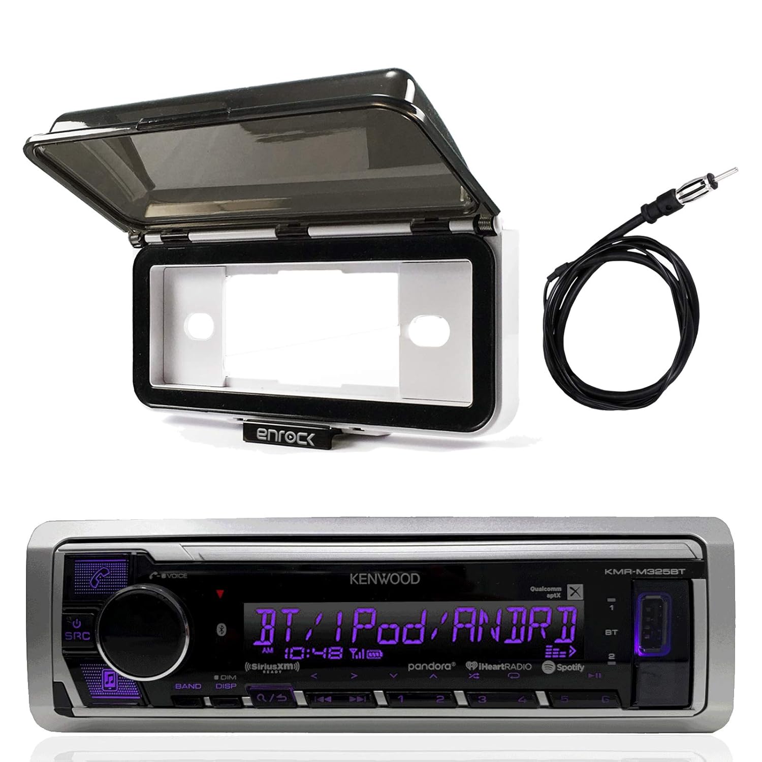 Kenwood Single DIN in Dash Boat Marine Digital Media USB AUX Stereo Receiver - Mechless, Enrock Marine Dash Cover Protector (White), AM/FM Antenna