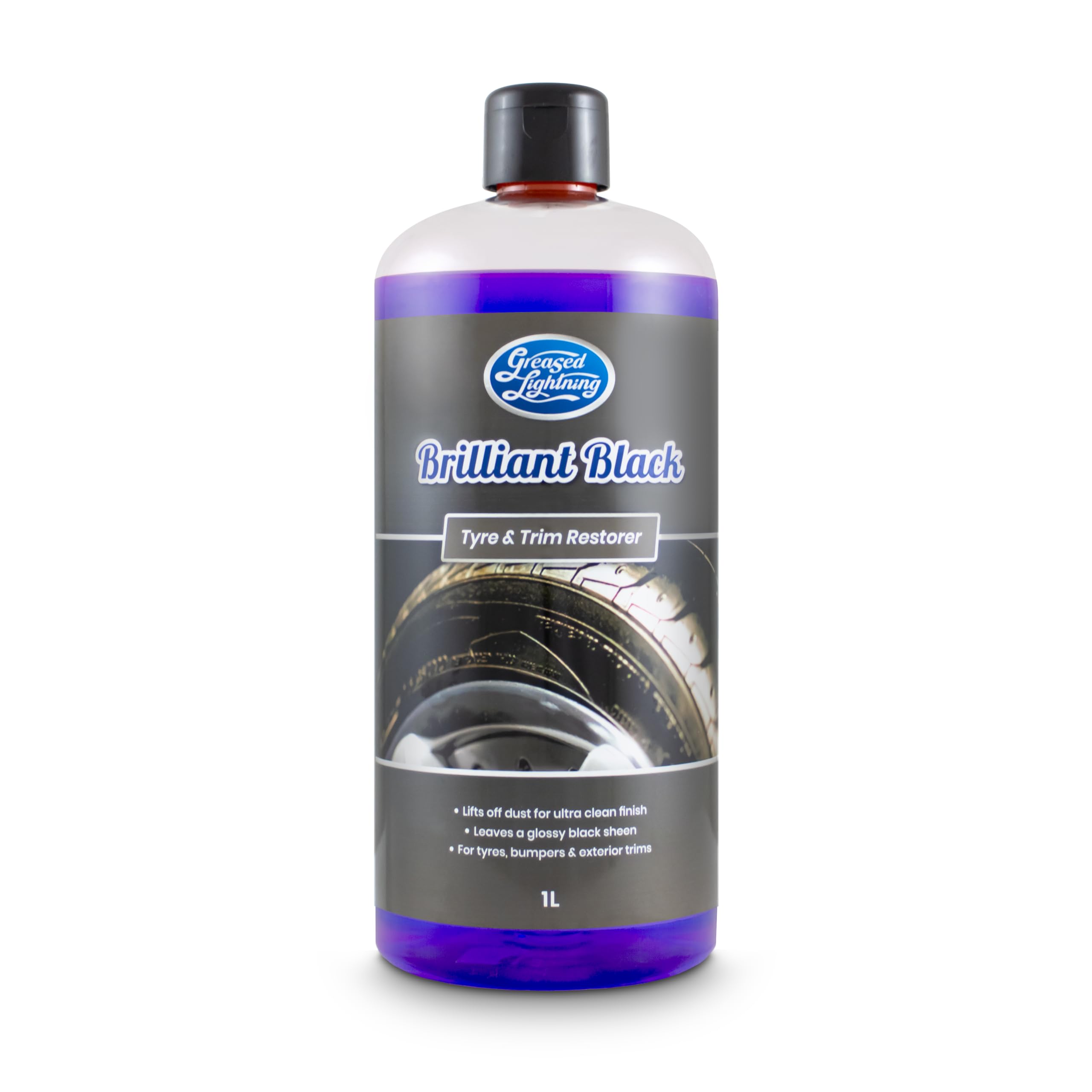Greased Lightning Brilliant Black Tyre & Trim Restorer - Restores New Look Shine to Car Tyres and External Trims, Quick and Easy Application - 1 Litre
