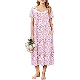 Ekouaer Long Nightgowns for Women Soft Ladies Sleepwear Gowns Short Sleeve Nightdress Button House Dress with Pockets