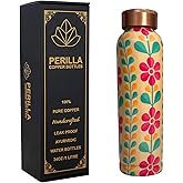 Perilla Home Pure Copper Water Bottle 34 Oz Leak Proof 100% Pure Ayurvedic Copper Vessel with Lid - Drink More Water and Enjoy Health Benefits Yoga - For Gym Yoga Bottle (Or Printed 3)