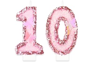 YIRAN Birthday Candles, Number 10 Candle, Butterfly 10th Birthday Decorations for Women/Girl, Pink Happy Birthday Candle for Cake, Handmade Sequin Numeral Candle Wedding Cake Topper Anniversary Party Decor
