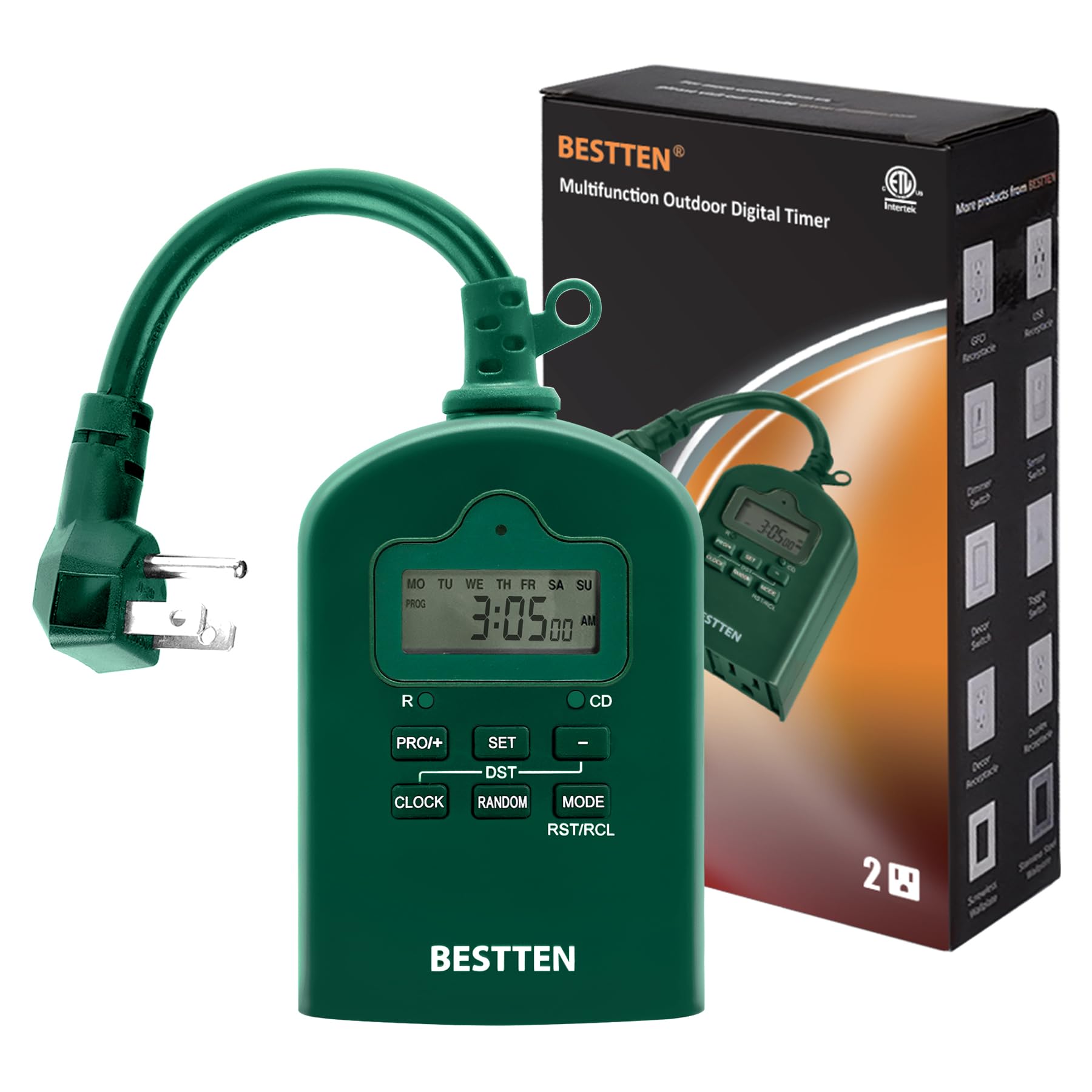 Photo 1 of BESTTEN 7 Day Outdoor Digital Programmable Timer with Clock and Push Button, Countdown Timer with Dual Grounded Outlets, Weatherproof, Green, ETL Listed