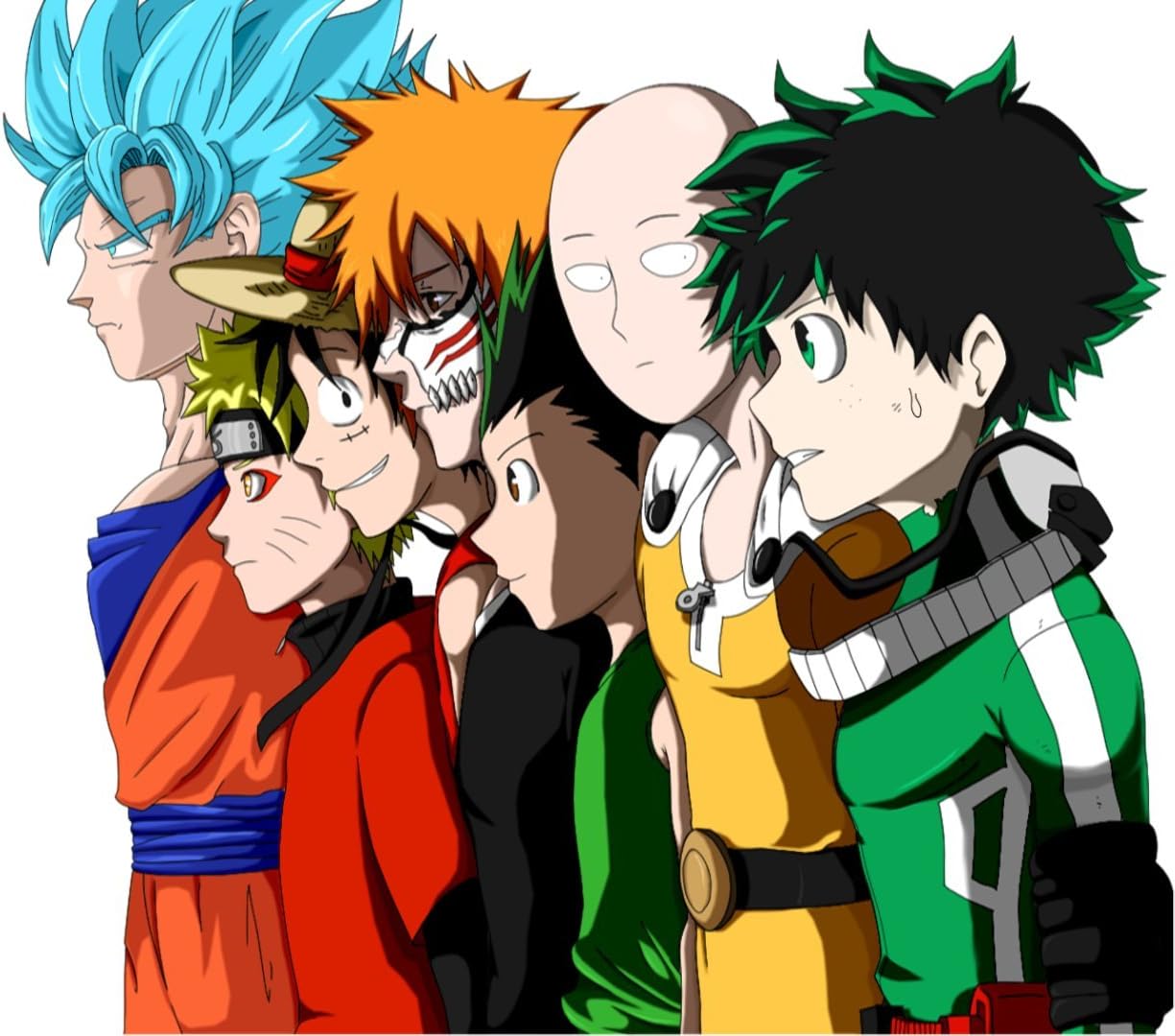 Athah Designs Anime Crossover Dragon Ball Hunter Hunter One Punch Man Bleach One Piece Naruto Boku No Hero Academia Gon Freecss Goku Saitama Ichigo Kurosaki Monkey D Luffy Naruto Uzumaki Izuku Midoriya