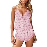Kolagri Sexy Satin Pajama Set for Women Lace Lingerie Bow Ties Slip Sleepwear Cami Shorts Set Nightwear S-XXL