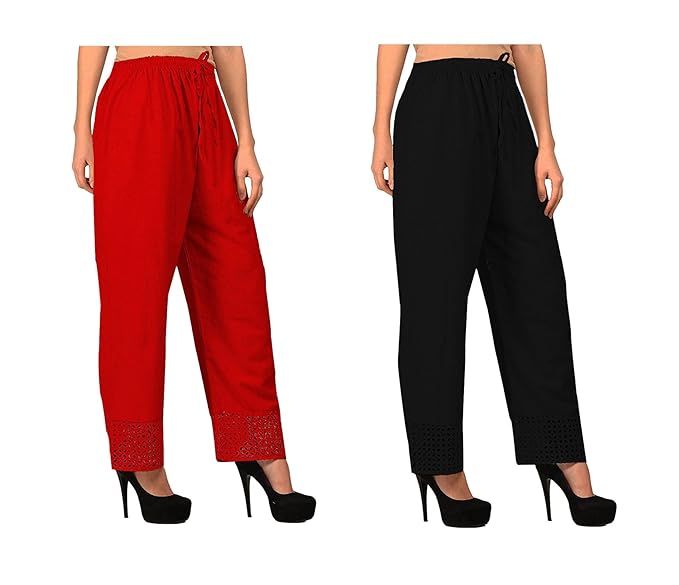 Women's Cotton Palazzo Designer Plain Casual Wear Palazzo for Women/Girl Combo Cotton Palazzo Color-RED_Black