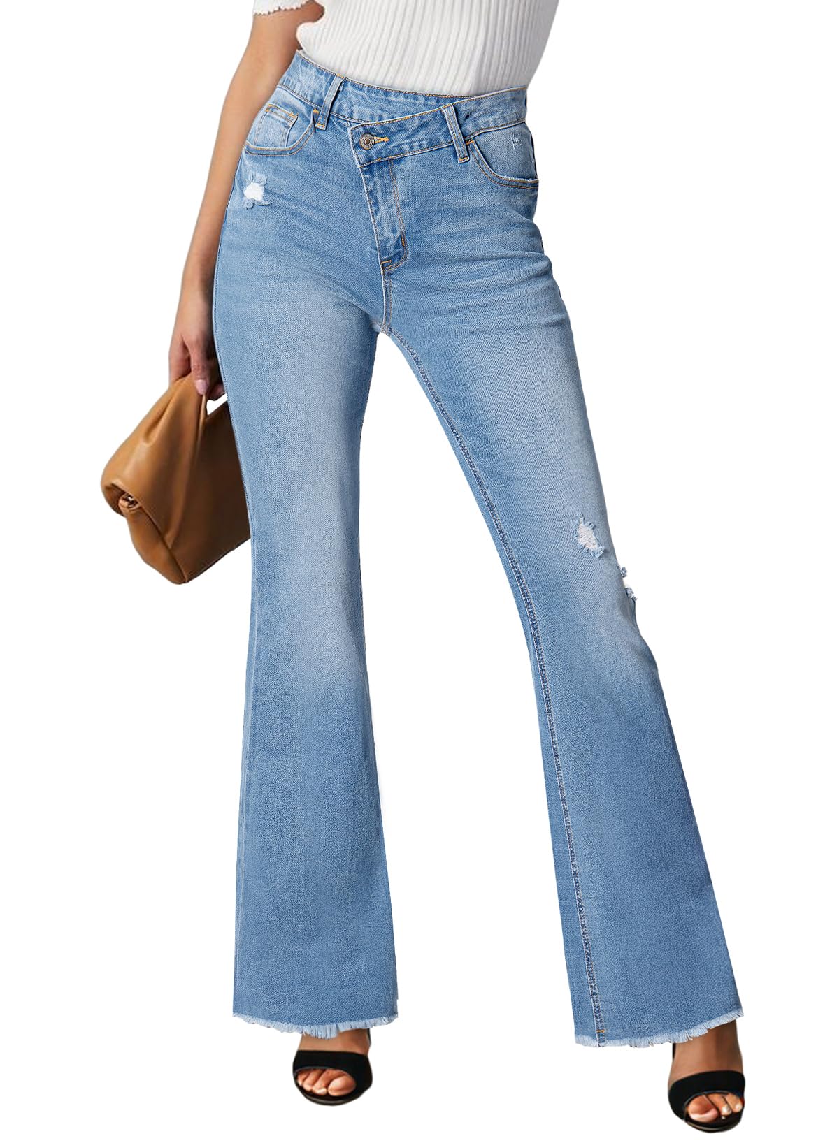 Photo 1 of Sidefeel Women's Bell Bottom Flare Jeans High Waisted Stretchy Ripped Distressed Raw Hem Denim Pants with Pockets Iceland Blue Size 12