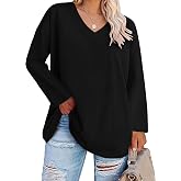 HDLTE Womens Plus Size Long Sleeve Tops V Neck Oversized T Shirts Basic Tee | Comfy Soft Plus-Size Tops, Casual Loose Fit Blouse 1X-5X, Solid Color, Lightweight Fall Outfits, Workout Office Daily Wear