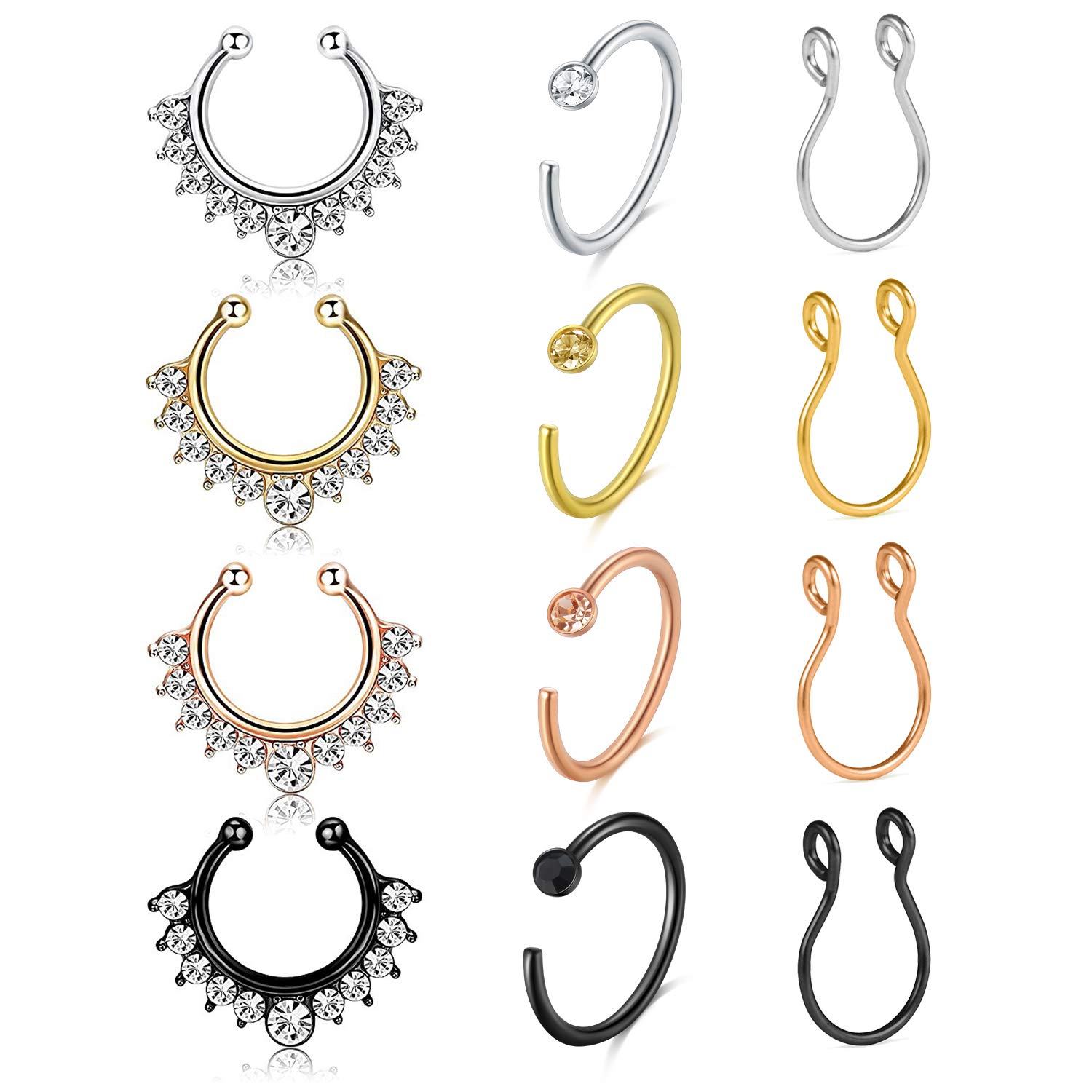 incaton Fake Nose Ring 12pcs Clip On Fake Septum Piercing Non-Pierced Septum Piercing