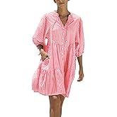 chouyatou Women's Summer V-Neck Casual Striped Midi Shirt Dress Tiered Boho Beach Tunic Babydoll Dress