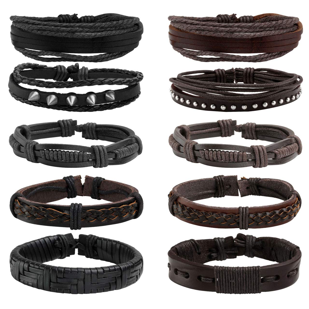 Manfnee 10Pcs Leather Braided Bracelet Punk Cuff Wrap Wristband Bracelets for Men Women Adjustable