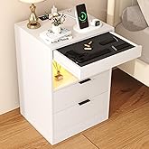 Yusong Night Stand with Gun Drawer & Invisible Lock, Bedside Table, LED Nightstand with Charging Station, Modern Night Stand, Wood Sofa Couch End Side Table with 2 Pull-Out Shelf, White