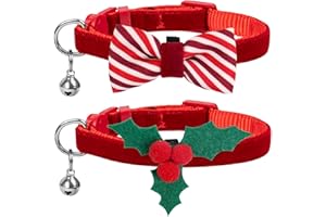 azuza Christmas Cat Collar Breakaway with Bells, 2 Pack Holiday Celebration Cat Collars with Cute Holly and Bowtie Accessories, Size Adjustable from 8"-12"