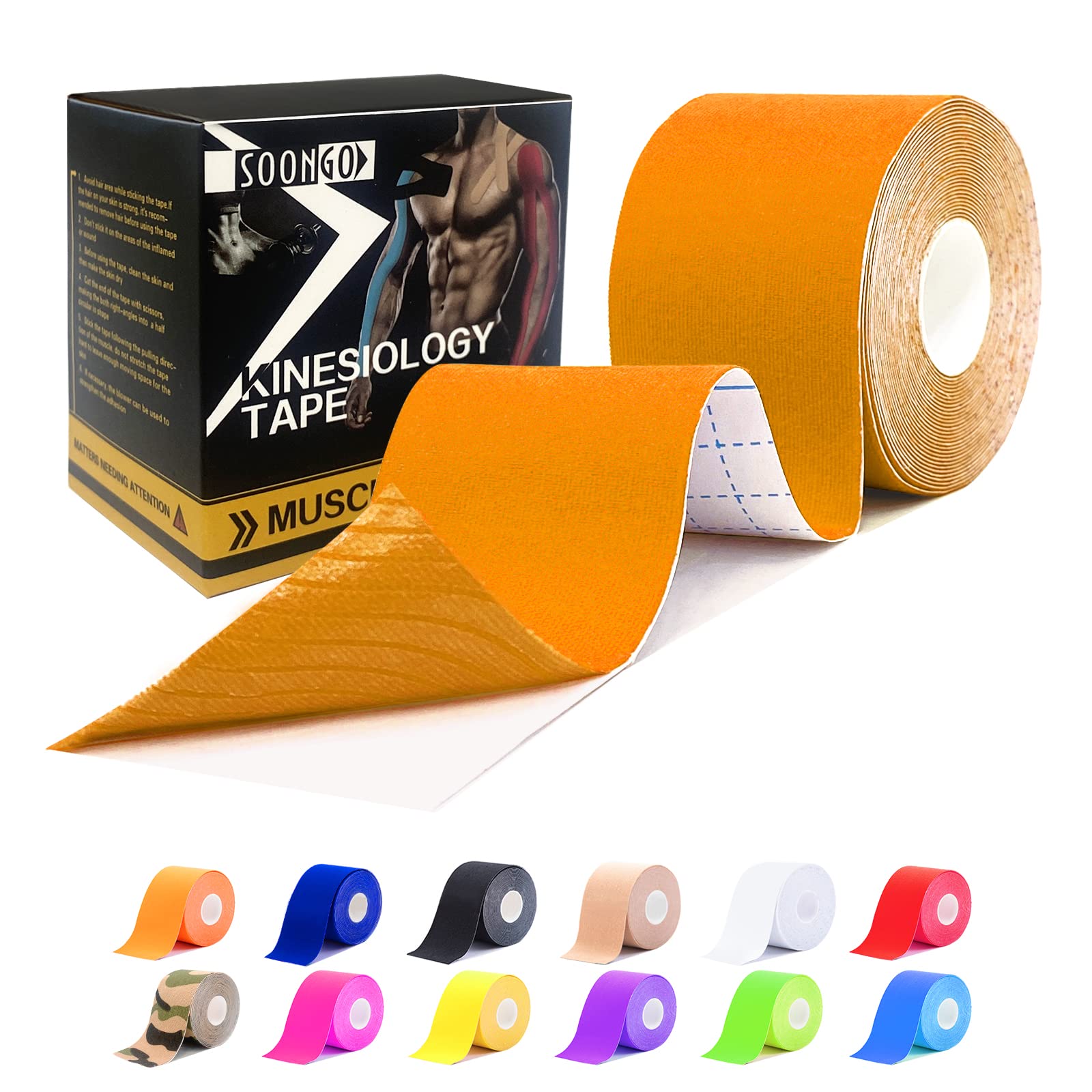 Kinesiology Tape Rock Tape Physio Tape 5m roll, Elastic Therapeutic Sports Tape for Shoulder, Ankle, Elbow, Wrist, Knee Support, Waterproof Physiotherapy Body Tape for Muscle Pain by SOONGO (Orange)