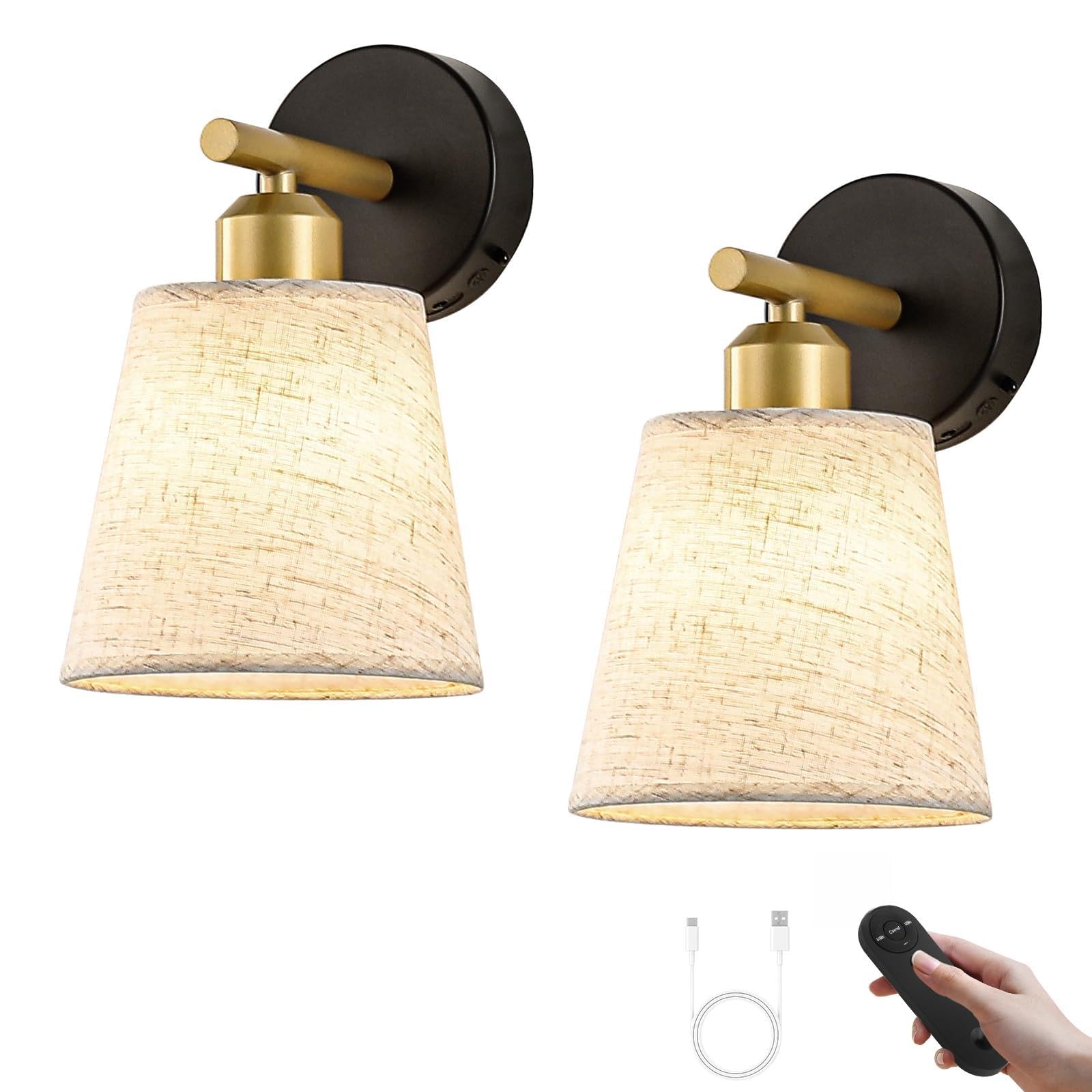 Photo 1 of 7Degobii Wireless Wall Sconce Battery Operated Set of 2 for Bedroom, Fabric Linen,Battery Operated Wall Sconce with Remote Control,No Drill Cordless Sconces for Living Room, Kitchen, Entryway