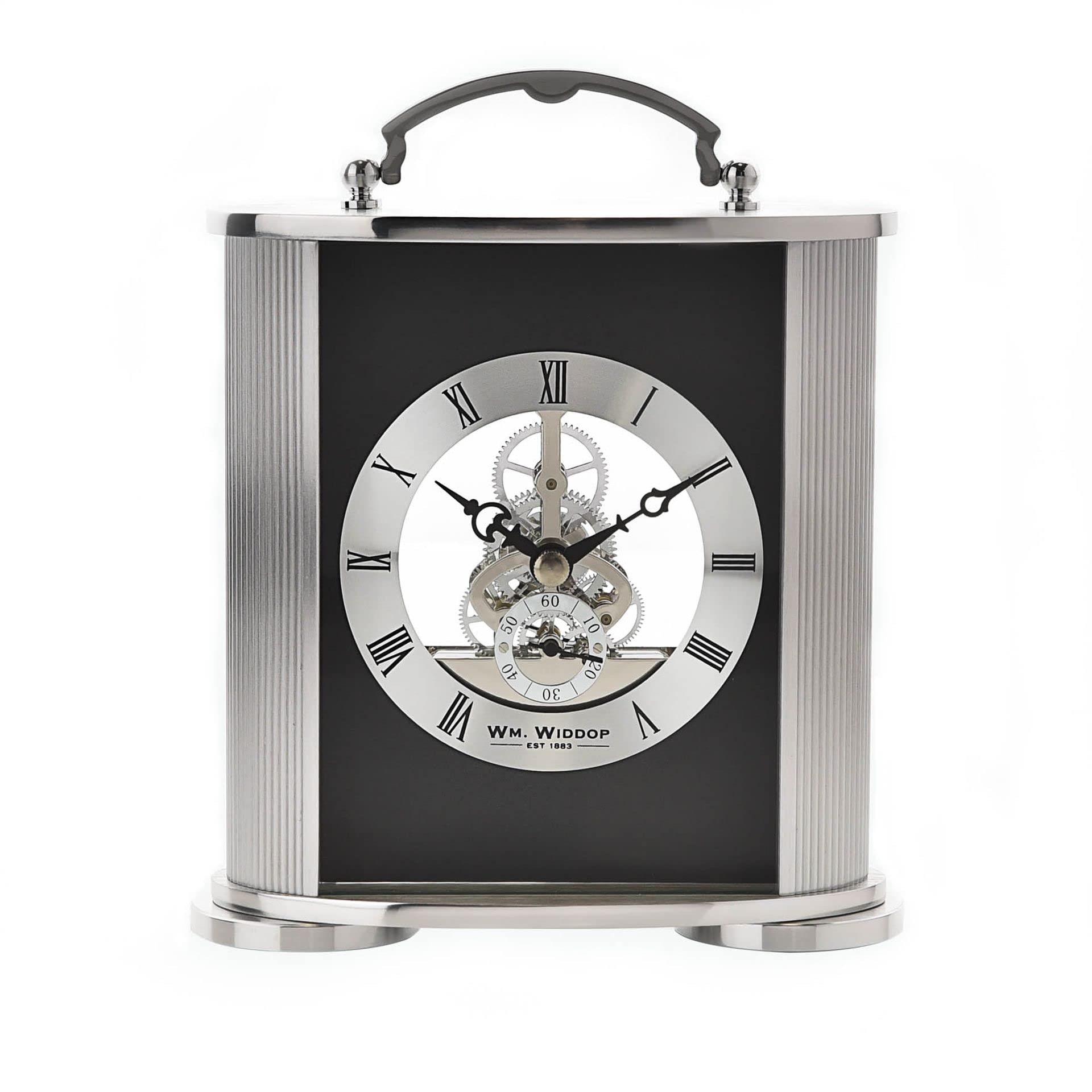 Widdop Silver & Black Mantel Clock with Skeleton Movement and Brushed Aluminium Frame