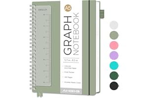 AHGXG Graph Paper Notebook - Spiral Notebook Journal 160 Pages, A5 Graph Notebook 5.7" x 8.3", 100 gsm Thick Grid Paper, Waterproof Plastic Cover, for School Writing Engineering Math, Sage Green
