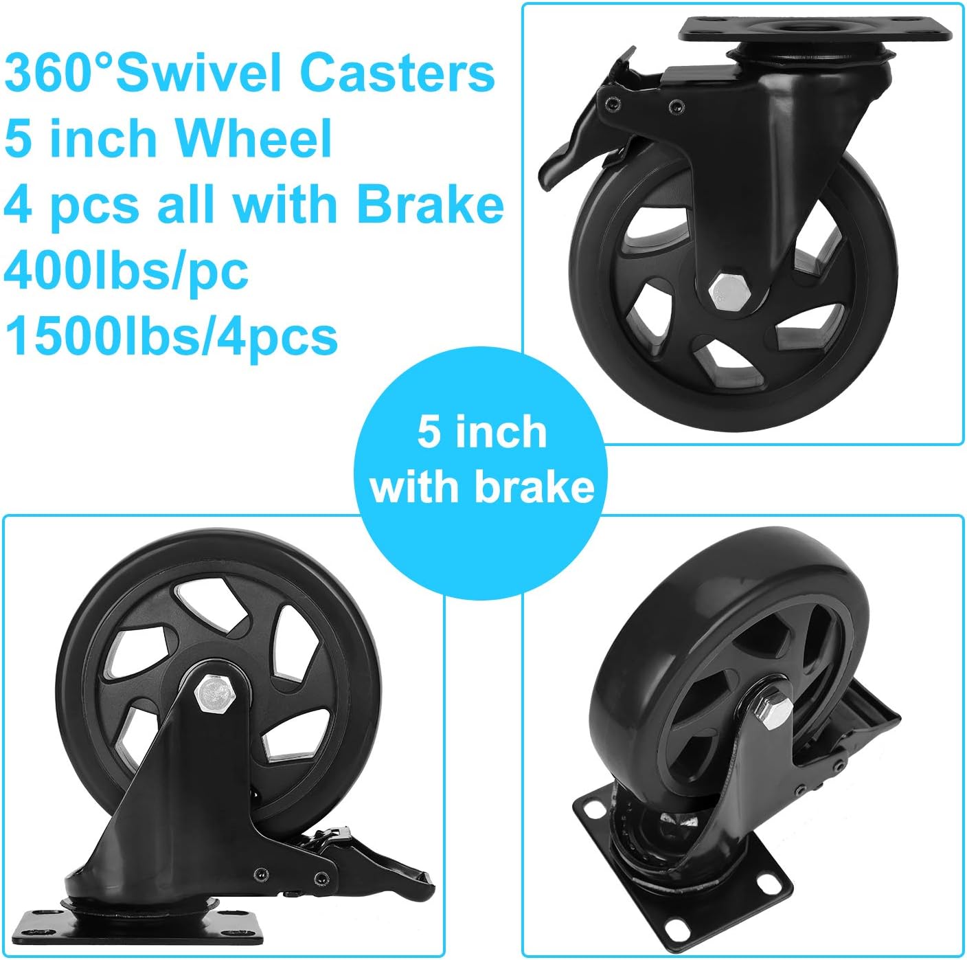 PRITEK 5 inch Caster Wheels Bearing 1500lbs 4 Pack Heavy Duty Rubber Plate Casters all with Safety Brake No Noise Lockable Swivel Casters (include 16pcs screws): Automotive