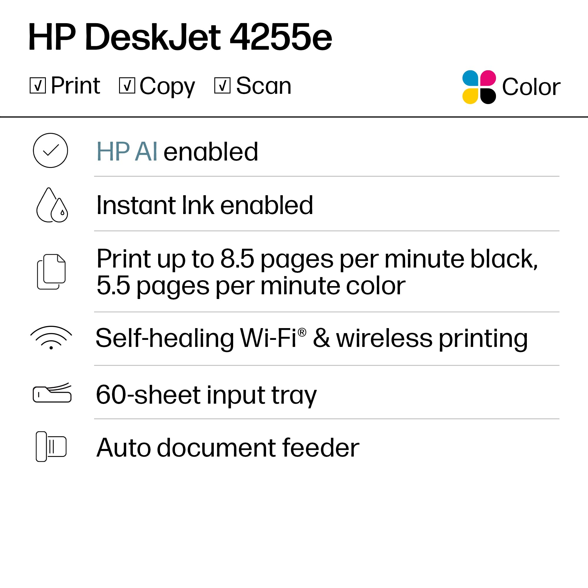 HP DeskJet 4255e Wireless All-in-One Color Inkjet Printer, Scanner, Copier, Best-for-Home, 3 Month Instant Ink Trial Included, AI-Enabled (588S6A)
