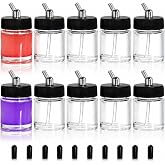 Goaste 10 Pack Glass Airbrush Bottles Kit, 22cc Empty Airbrush Jars, Transparent Airbrush Paint Storage Pot with 10pcs Cap Covers, 30&deg; Down Angle Adaptor Lids, Fits Dual-Action Siphon Feed Airbrushes