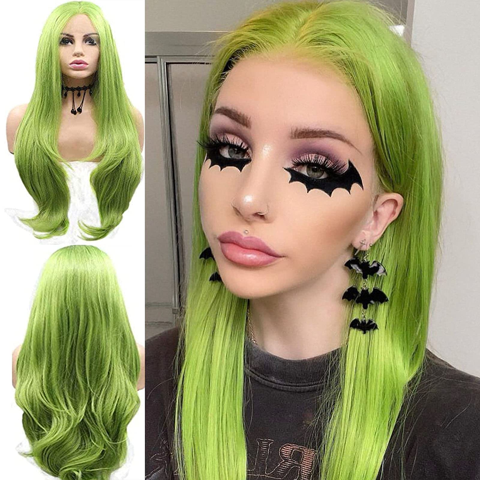 Kanekalon Green Lace Front Wigs for Women Long Wavy Mixed Green Synthetic Hair Quality Natural Hairline Free Part Lace Wig Guleless Heat Resistant Fiber Hair Cosplay Party Anime Daily Wig 24 inch