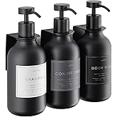 Shower Shampoo Dispenser Wall Mounted – 3 Refillable 16.9 oz Black Bottles with Stainless Steel Pumps & No-Drill Adhesive Holders – Soap Dispenser Set for Bathroom (3 X Black)