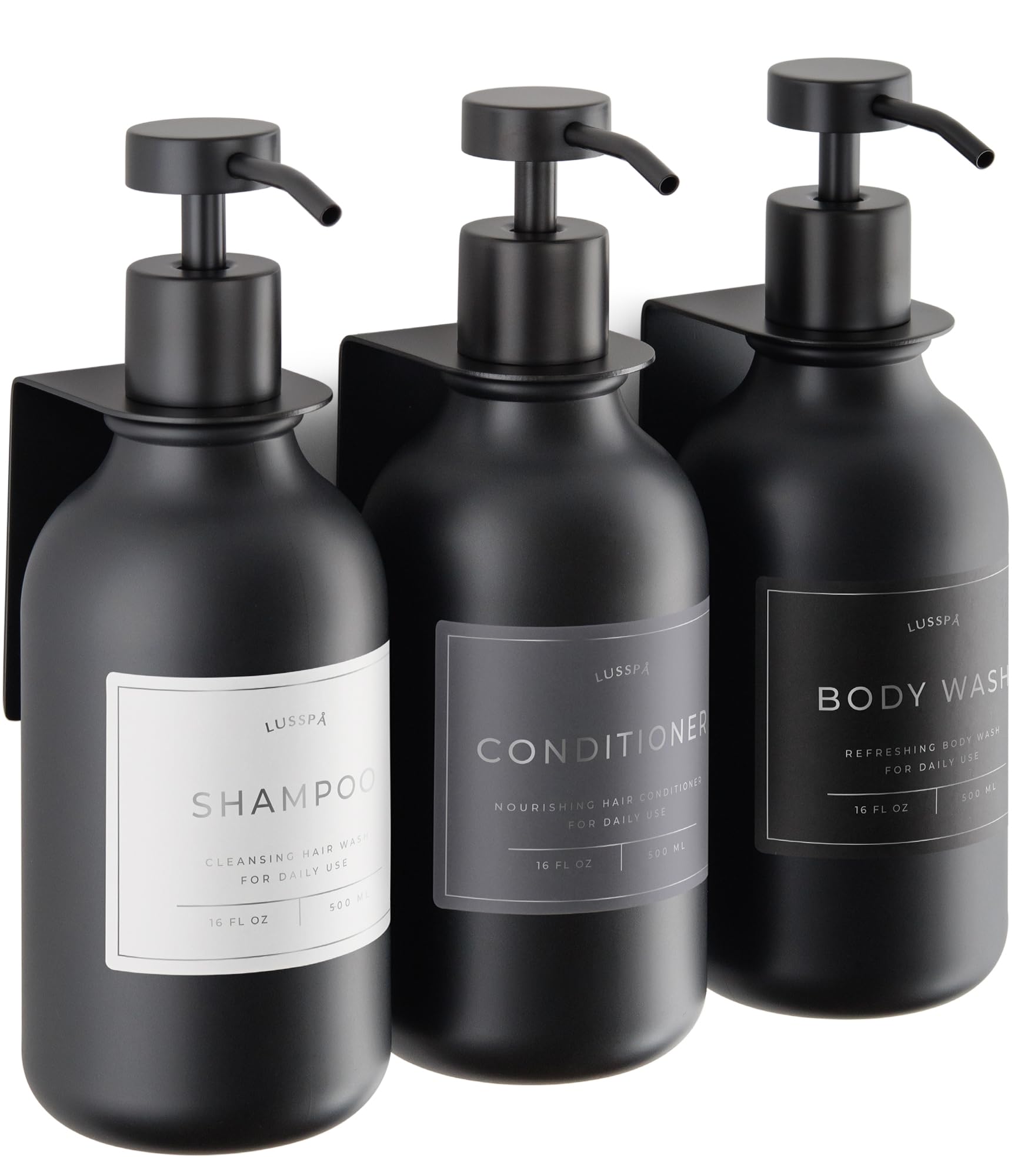 Shower Shampoo Dispenser Wall Mounted – 3 Refillable 16.9 oz Black Bottles with Stainless Steel Pumps & No-Drill Adhesive Holders – Soap Dispenser Set for Bathroom (3 X Black)
