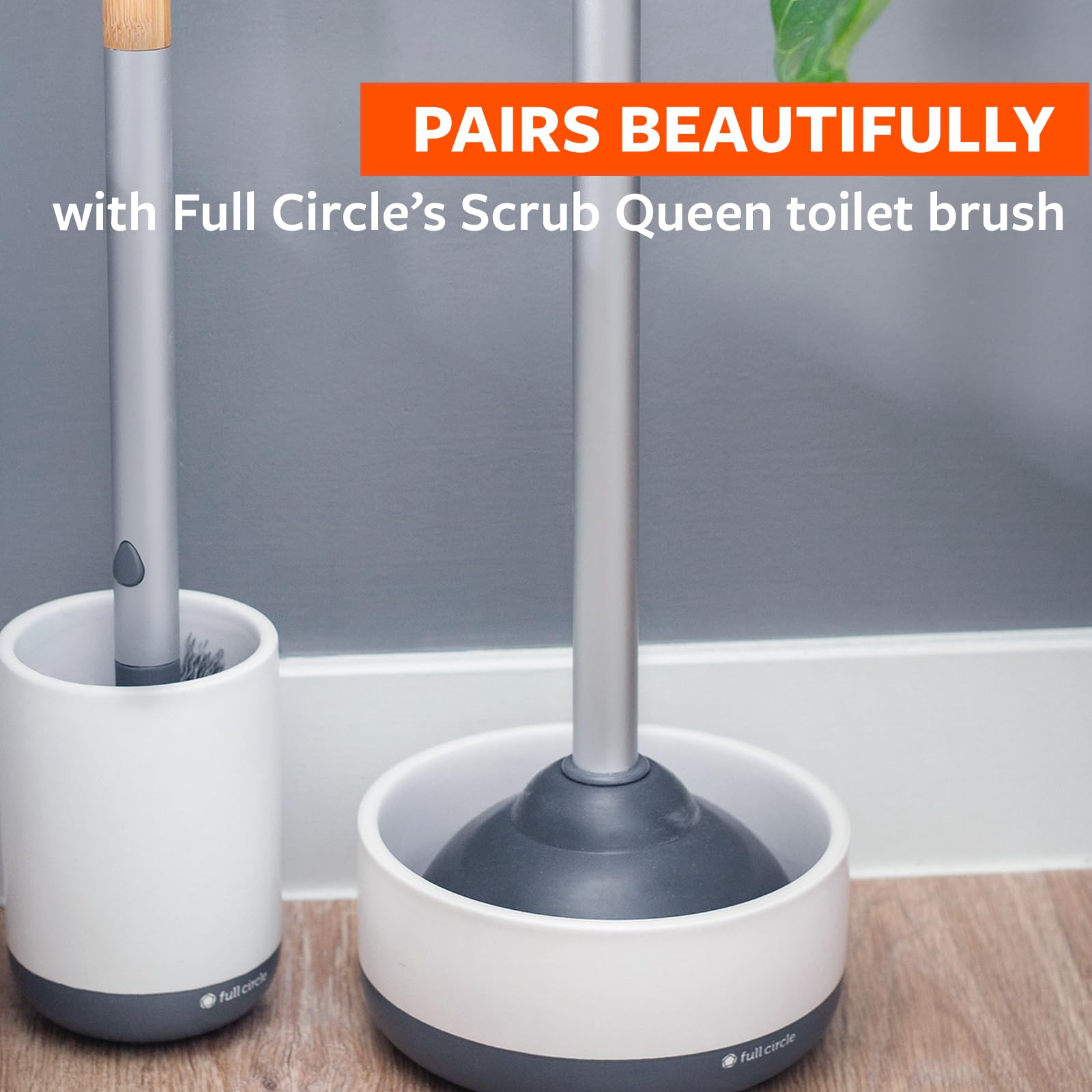 Full Circle Royal Plunge – Bathroom Toilet Plunger with Bamboo Handle and White Ceramic Holder