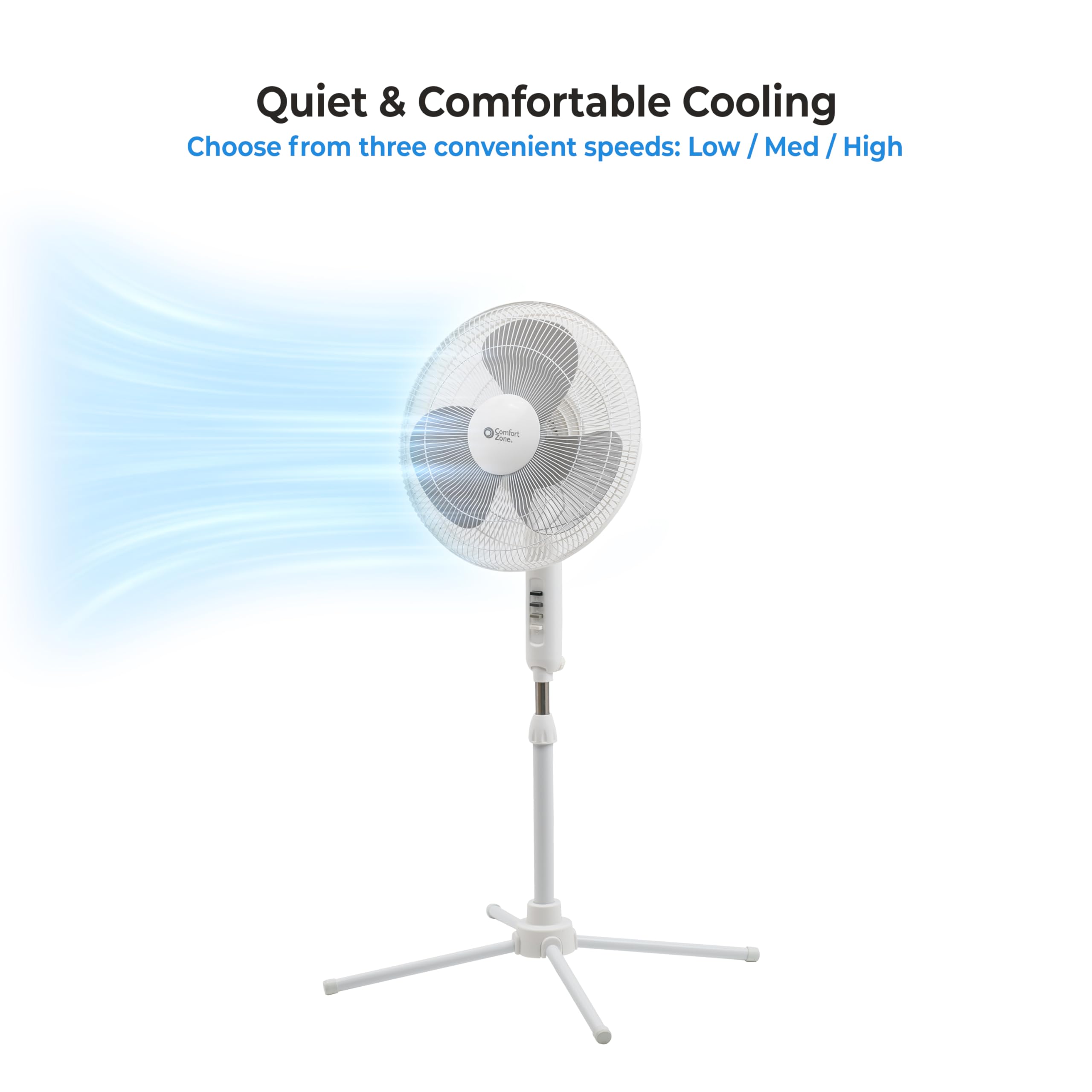 Comfort Zone Stand Fan, 16 inch Pedestal Fan for Bedroom, 3 Speed Floor Fan, 90 Degree Oscillation, Adjustable Height, Adjustable Tilt, Oscillating Air Circulator, Quiet Fan for Home or Office, White
